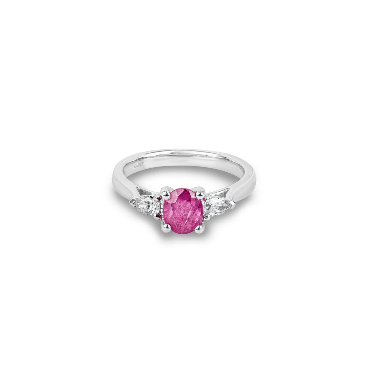 Round Cut White Gold Ruby & Diamond Three Stone Ring 0.99ct For Sale