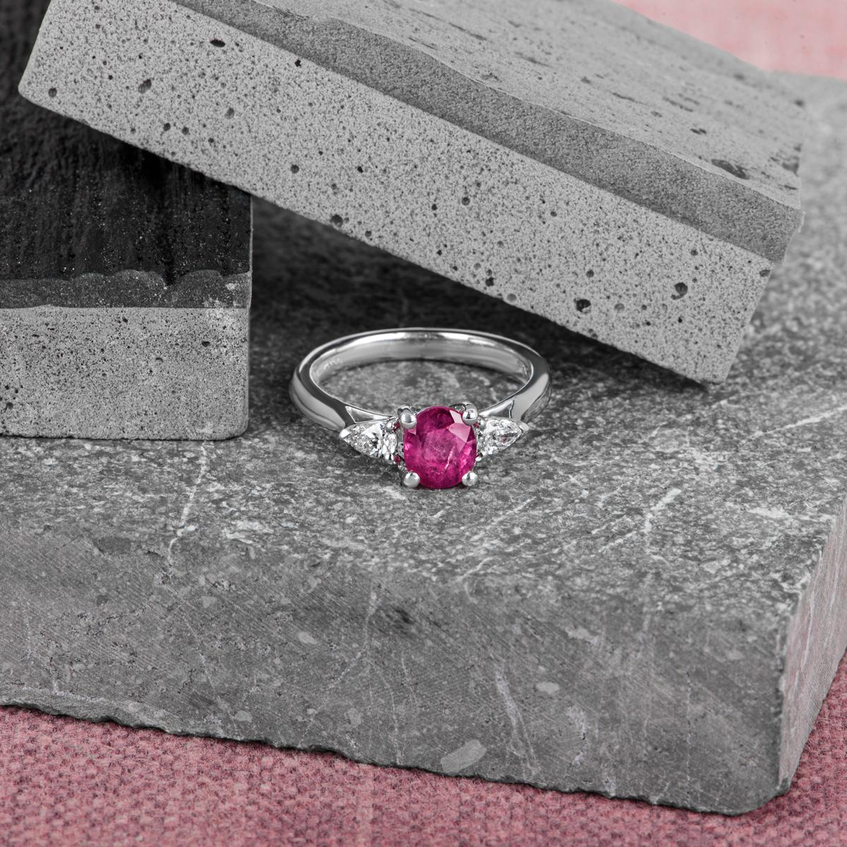 Women's White Gold Ruby & Diamond Three Stone Ring 0.99ct For Sale