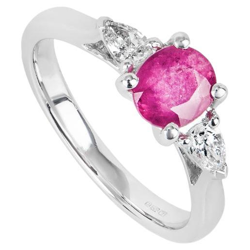 White Gold Ruby & Diamond Three Stone Ring 0.99ct For Sale