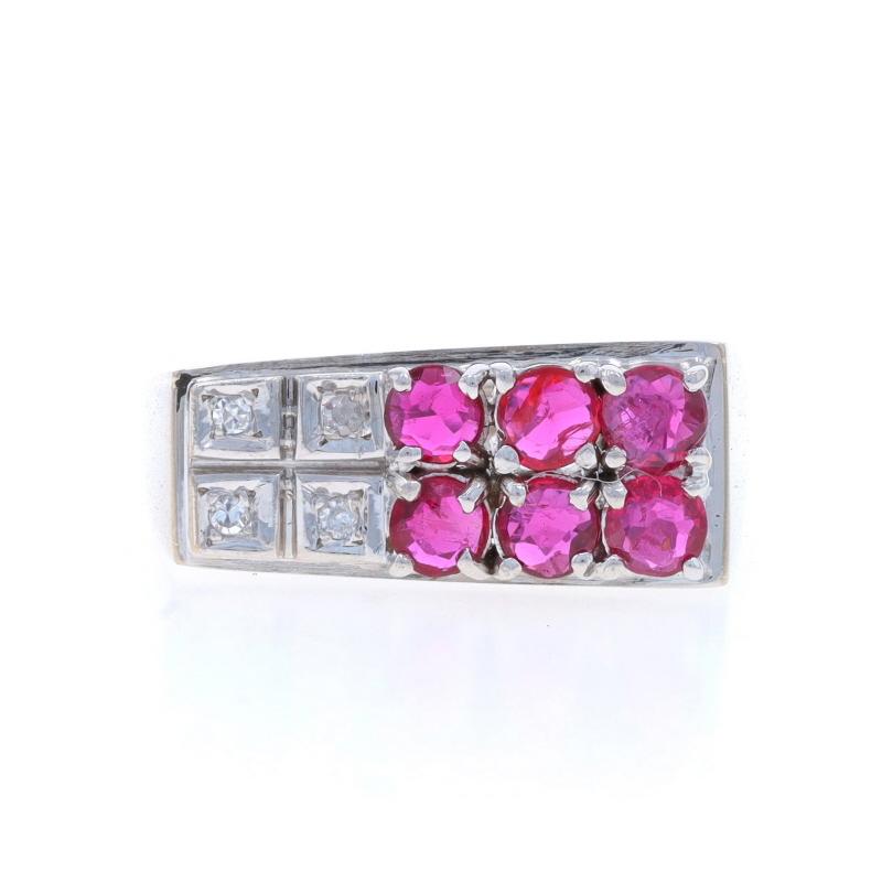 White Gold Ruby & Diamond Vintage Cluster Ring - 14k Round .88ctw