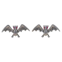 White Gold Ruby Flying Bat Earrings -14k Rnd Winged Mammal Black Rhodium Pierced