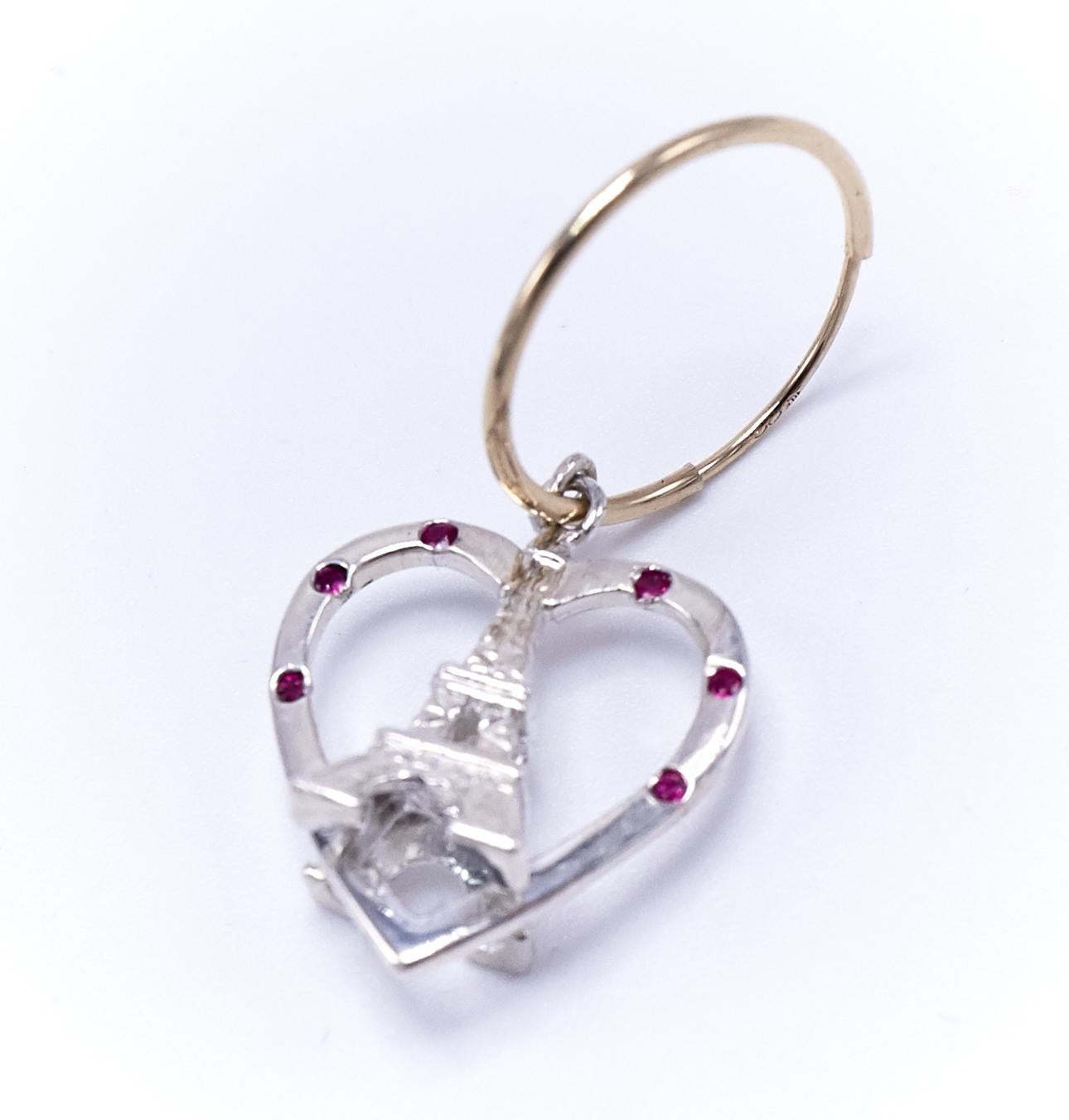 Contemporary Heart Earring White Gold Ruby Eiffel Tower Dangle J Dauphin For Sale