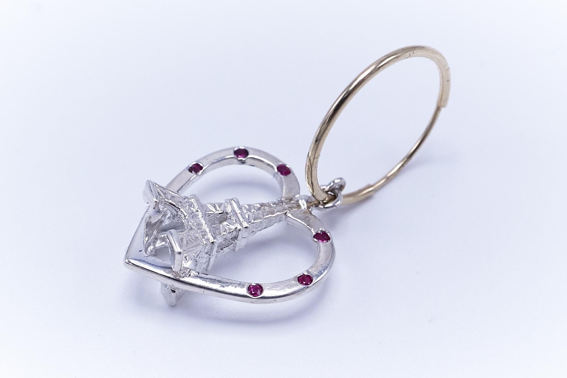 Brilliant Cut Heart Earring White Gold Ruby Eiffel Tower Dangle J Dauphin For Sale