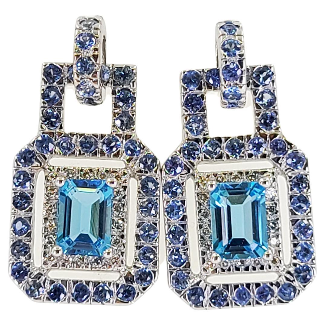 White Gold, Sapphire, and Blue Topaz Drop Earrings