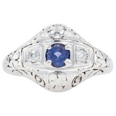 White Gold Sapphire and Diamond Art Deco Ring, 18k Round .66ctw Vintage Filigree
