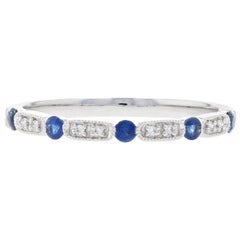 White Gold Sapphire and Diamond Band, 14k Round Cut .23ct Milgrain Wedding Ring