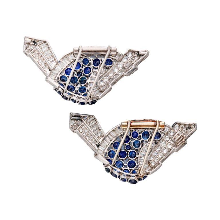 Round Cut Art Deco Diamond and Sapphire Clip Brooches White Gold 18k For Sale