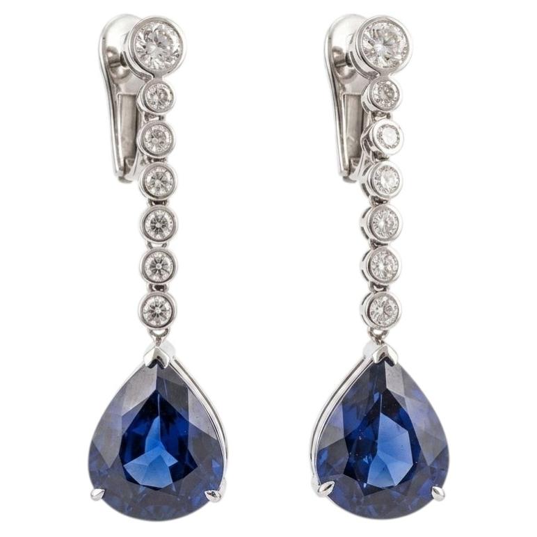 White Gold Sapphire and Diamond Drop Earrings with Pear Shape Sapphires