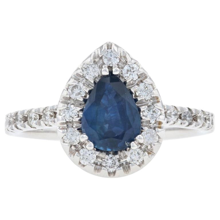 White Gold Sapphire and Diamond Halo Ring, 14 Karat Pear Cut 1.54 Carat