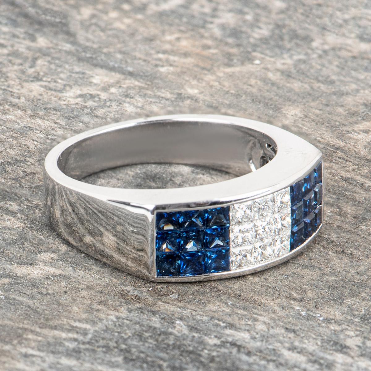 Women's or Men's White Gold Sapphire and Diamond Ring For Sale