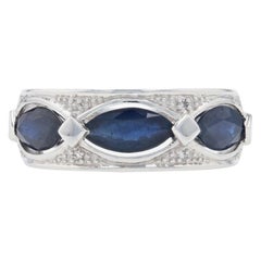 White Gold Sapphire and Diamond Three-Stone Band, 14k Marquise Cut 2.02ctw Ring