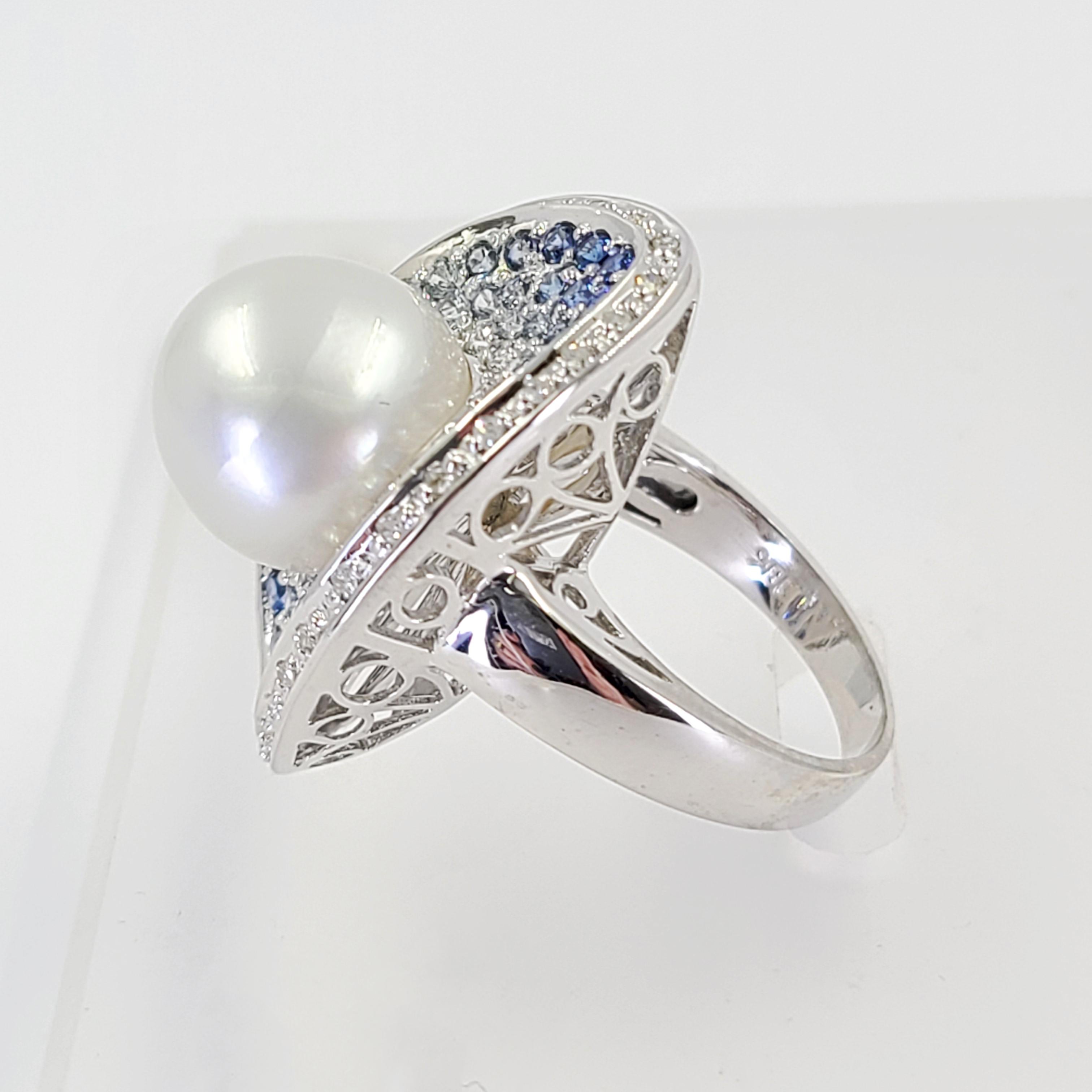 Round Cut White Gold, Sapphire, and South Sea Pearl Cocktail Ring For Sale