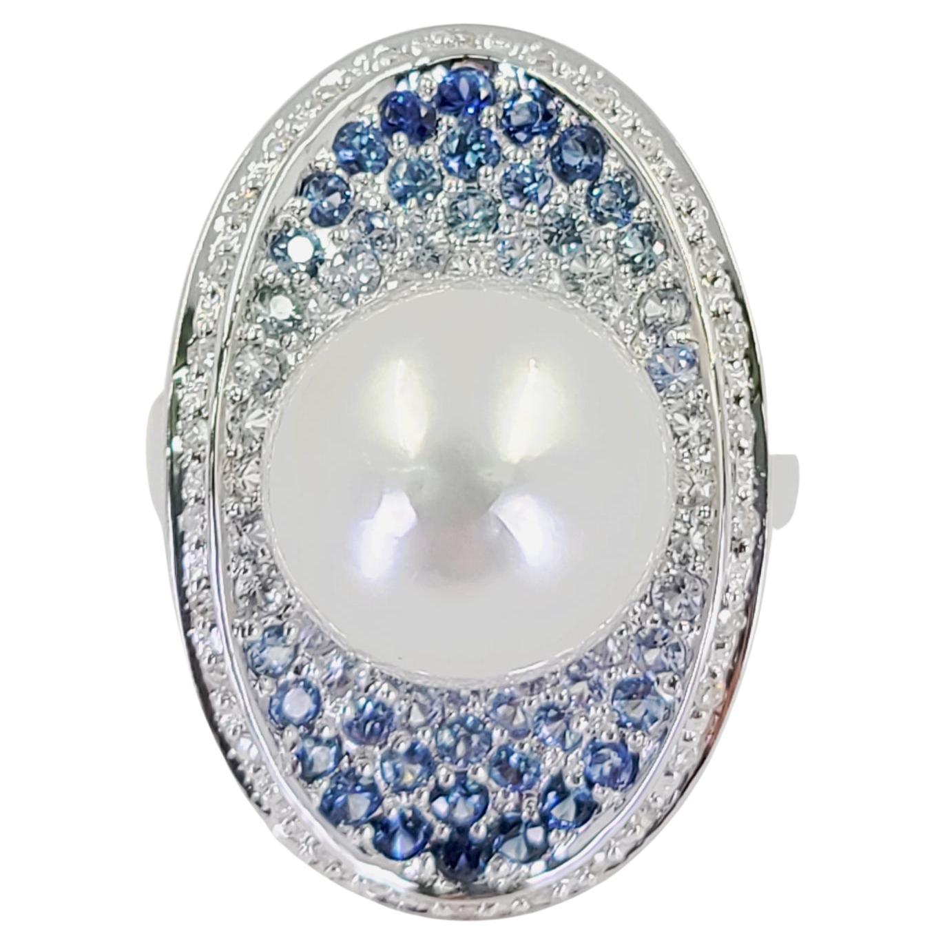 White Gold, Sapphire, and South Sea Pearl Cocktail Ring For Sale