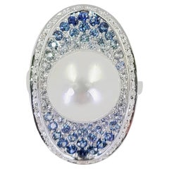 White Gold, Sapphire, and South Sea Pearl Cocktail Ring