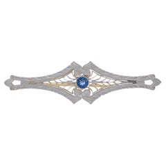 White Gold Sapphire Art Deco Bar Brooch - 14k Round .24ct Vintage Milgrain Pin