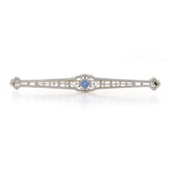 White Gold Sapphire Art Deco Bar Brooch - 14k Sq Step .15ct Vintage Filigree Pin