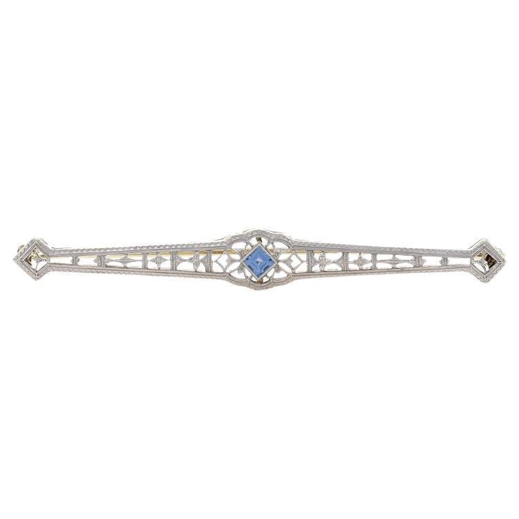 Broche Barra Art Decó Zafiro Oro Blanco - 14k Paso Cuadrado .15ct Alfiler Filigrana Vintage