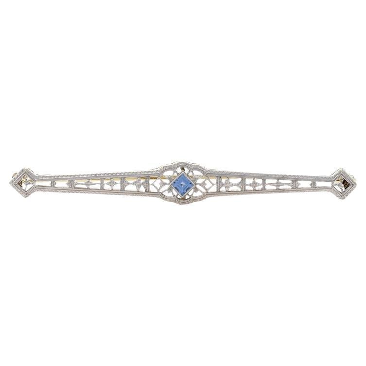 White Gold Sapphire Art Deco Bar Brooch - 14k Sq Step .15ct Vintage Filigree Pin For Sale