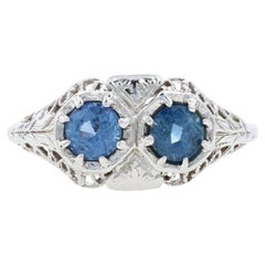 White Gold Sapphire Art Deco Two-Stone Ring, 18k Round .79ctw Antique Filigree