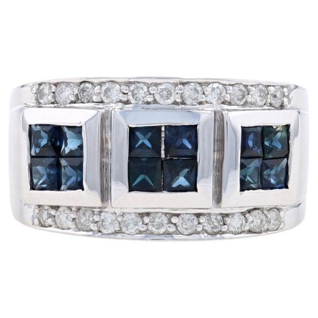 White Gold Sapphire & Diamond Band - 14k Square 2.24ctw Cluster Ring Size 7 For Sale