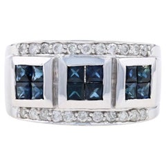 White Gold Sapphire & Diamond Band - 14k Square 2.24ctw Cluster Ring Size 7