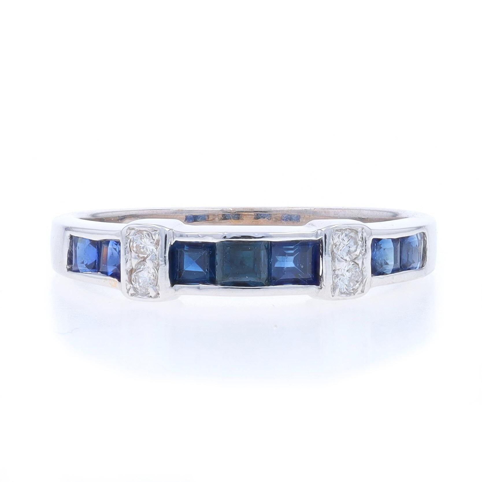Size: 6 1/2
Sizing Fee: Up 1/2 a size for $35 or Down 1/2 a size for $35

Metal Content: 14k White Gold

Stone Information

Natural Sapphires
Treatment: Heating
Carat(s): .45ctw
Cut: Square
Color: Blue

Natural Diamonds
Carat(s): .08ctw
Cut: Round