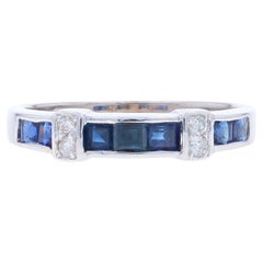 White Gold Sapphire & Diamond Band - 14k Square .53ctw Wedding Ring