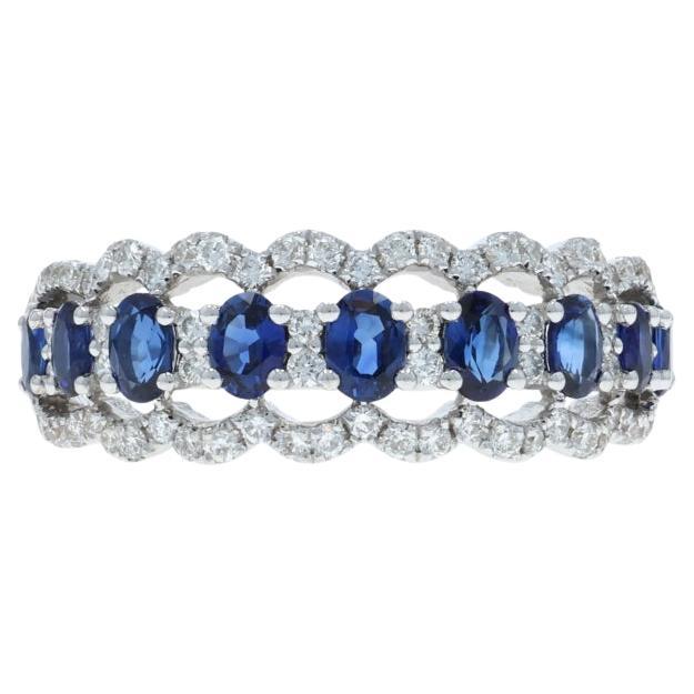 White Gold Sapphire Diamond Band - 18k Oval 1.31ctw Scallop Nine-Stone Ring