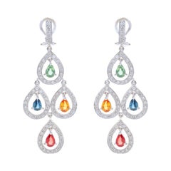 Pendants d'oreilles chandelier en or blanc 18 carats, saphirs et diamants, poire 5,80 carats, percés