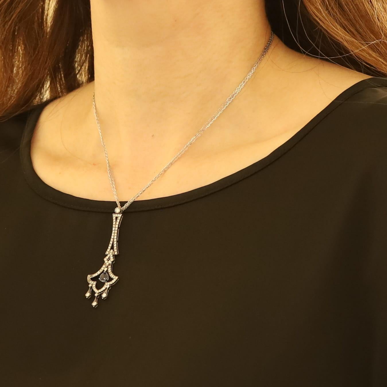 Collier pendentif en or blanc avec saphir et diamant - 18k Pear 2.40ctw Pour femmes en vente