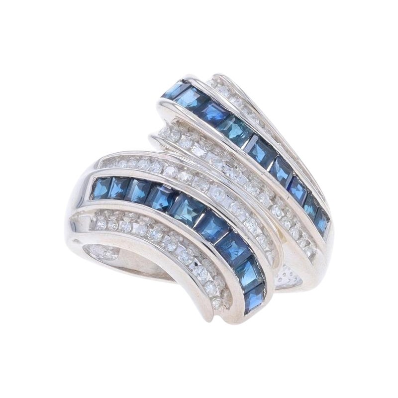 Oro Blanco Zafiro Diamante Racimo Cóctel Anillo Bypass 14k Cuadrado1,62ctw 7 3/4