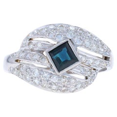 Anillo de Cóctel de Oro Blanco Zafiro Racimo de Diamantes 18k Cuadrado 1.10ctw