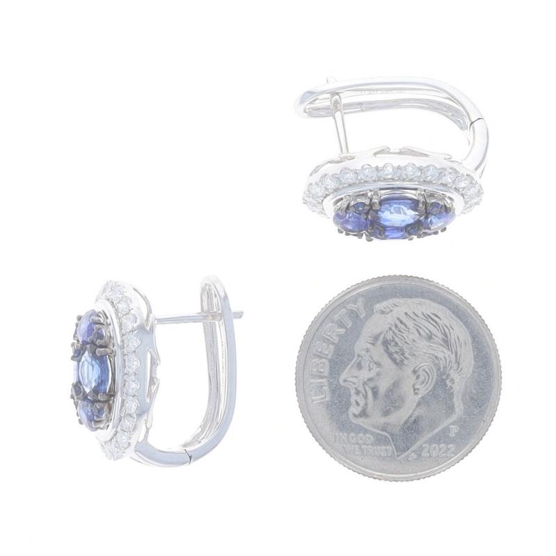 Oval Cut White Gold Sapphire Diamond Cluster Halo J-Hoop Earrings 14k Oval & Rnd 3.54ctw For Sale
