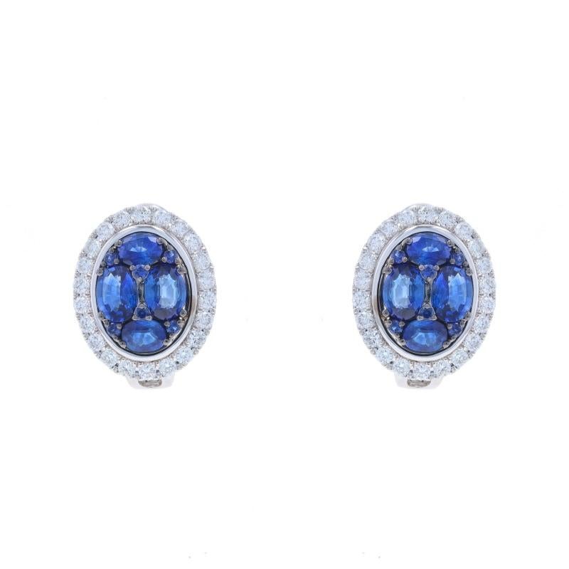 White Gold Sapphire Diamond Cluster Halo J-Hoop Earrings 14k Oval & Rnd 3.54ctw In New Condition For Sale In Greensboro, NC