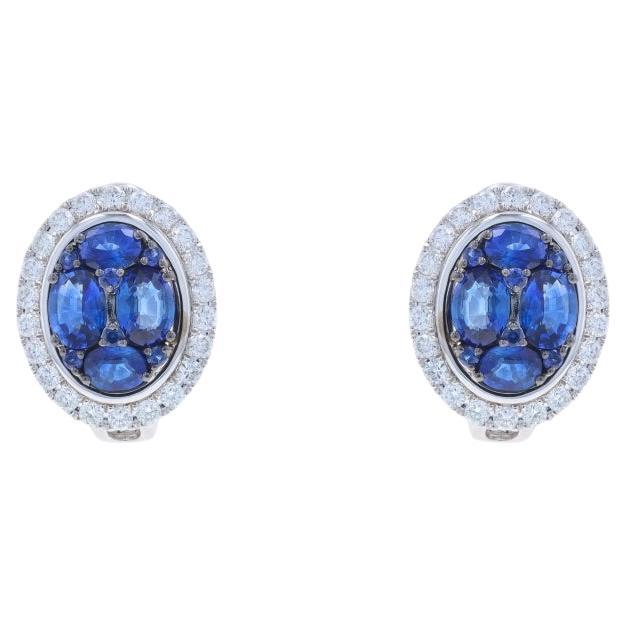 White Gold Sapphire Diamond Cluster Halo J-Hoop Earrings 14k Oval & Rnd 3.54ctw For Sale