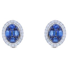 White Gold Sapphire Diamond Cluster Halo J-Hoop Earrings 14k Oval & Rnd 3.54ctw