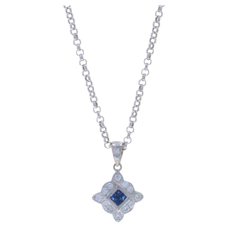 White Gold Sapphire Diamond Cluster Halo Necklace -14k Sq .27ctw Extender Adjust
