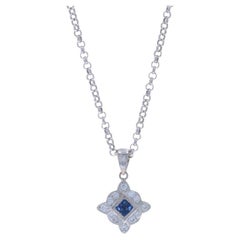 White Gold Sapphire Diamond Cluster Halo Necklace -14k Sq .27ctw Extender Adjust