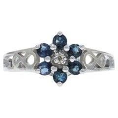 White Gold Sapphire Diamond Cluster Halo Ring - 10k Round .60ctw Flower