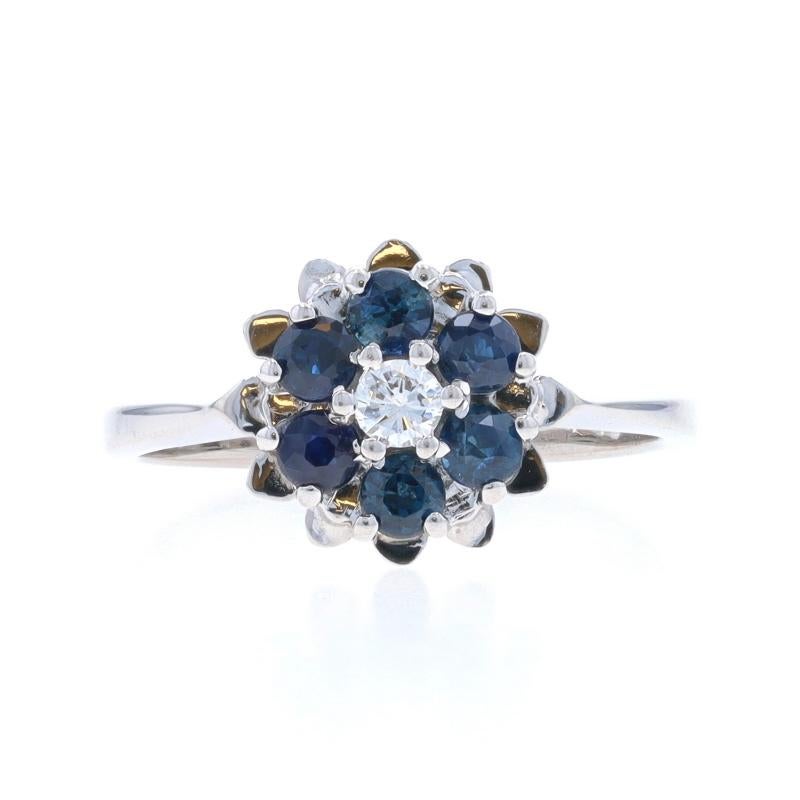 Size: 5 1/2
Sizing Fee: Up 2 sizes for $40 or Down 1 size for $40

Metal Content: 18k White Gold

Stone Information

Natural Sapphires
Treatment: Heating
Carat(s): .66ctw
Cut: Round
Color: Blue

Natural Diamond
Carat(s): .09ct
Cut: Round