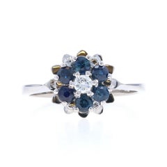 White Gold Sapphire & Diamond Cluster Halo Ring -18k Round .75ctw Flower Blossom