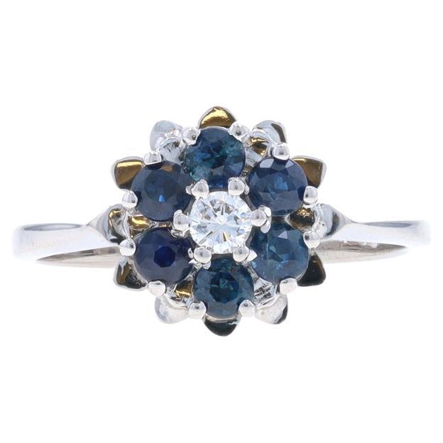 White Gold Sapphire & Diamond Cluster Halo Ring -18k Round .75ctw Flower Blossom