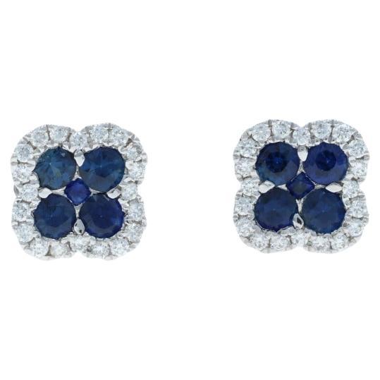 White Gold Sapphire Diamond Cluster Halo Stud Earrings -14k Rd .82ctw Quatrefoil im Angebot