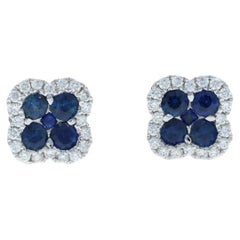 White Gold Sapphire Diamond Cluster Halo Stud Earrings -14k Rd .82ctw Quatrefoil