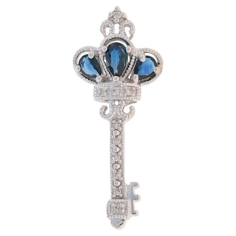 White Gold Sapphire Diamond Crowned Skeleton Key Pendant 14k Pear .40ctw Royalty