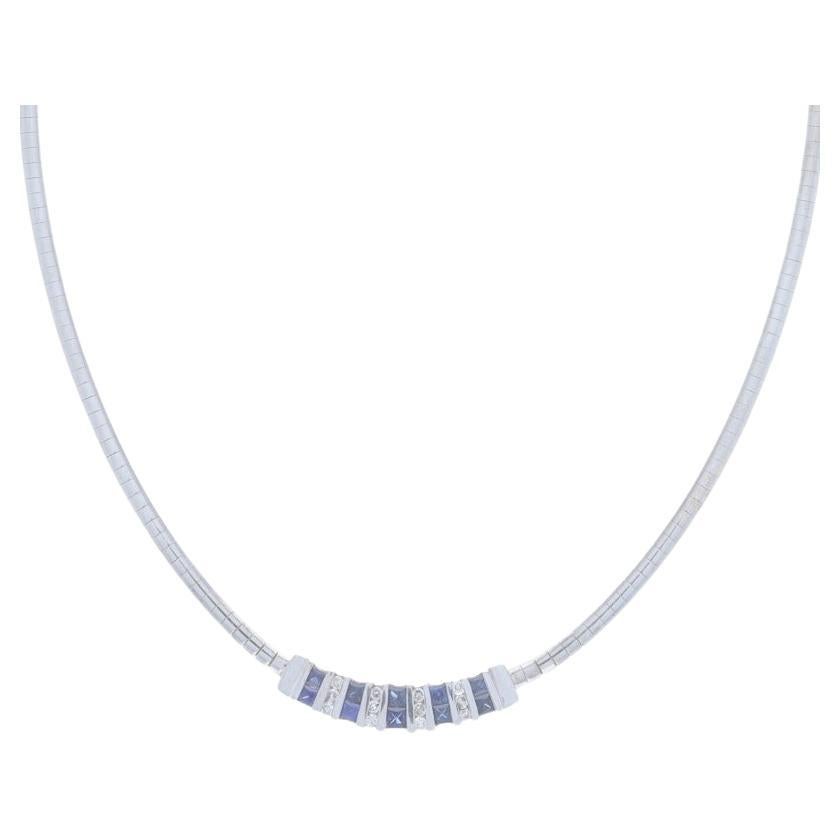 White Gold Sapphire Diamond Curved Station Necklace - 14k Princess 1.58ctw For Sale