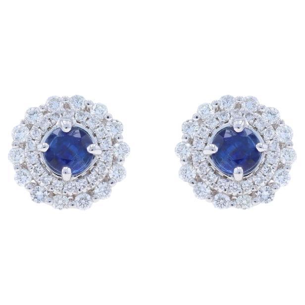 White Gold Sapphire Diamond Double Halo Stud Earrings - 18k Round 2.08ctw Floral For Sale