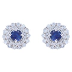 White Gold Sapphire Diamond Double Halo Stud Earrings - 18k Round 2.08ctw Floral