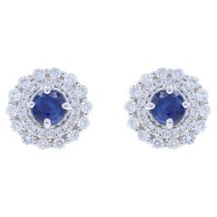 Boucles d'oreilles or blanc saphir diamant double halo - 18k Round 2.08ctw Floral