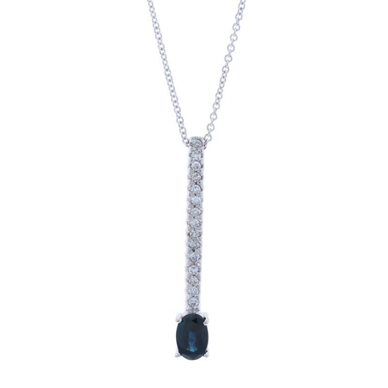 Metal Content: 14k White Gold

Stone Information

Natural Sapphire
Treatment: Heating
Carat(s): .60ct
Cut: Oval

Natural Diamonds
Carat(s): .15ctw
Cut: Round Brilliant
Color: I - J
Clarity: SI1 - SI2

Total Carats: .75ctw

Style: Drop
Chain Style: